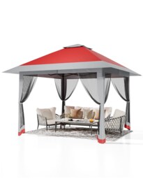 London Boutique 13 x 13ft One-Touch Pop-up Folding Garden Gazebo Cantilever Extended Overhang Sun Canopy Complete With Detachable Mosquito Side Netting Red & Light Grey Dual Colour Waterproof UV Protection Patio Shelter 3-level Adjustable Height Metal Frame For Terraced House Garden Lawn Patio Outdoor Party Dining 400 x 400 x 310 cm Single Pack
