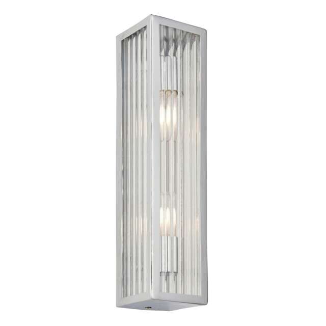 Newham Outdoor Contemporary 2 Light Wall Lamp Chrome, Clear Ribbed Glass