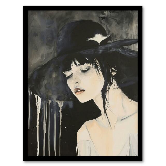 Beautiful Woman Hat Goth Timeless Living Room Black Framed Wall Art Print A4