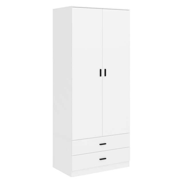 2-Door 2-Drawer Wardrobe with Storage Shelf, and Hanging Space - 180x75x46cm White White & White 1