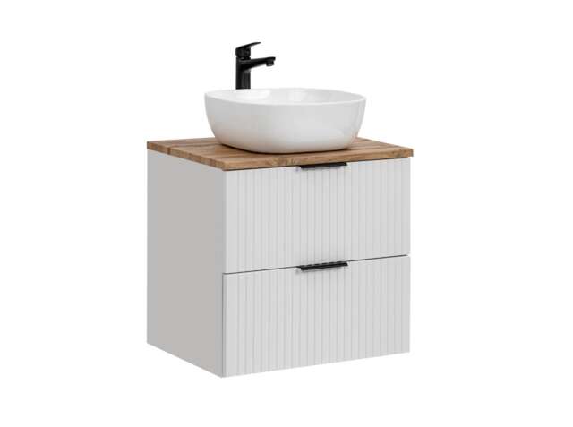 Bathroom Vanity Sink Unit 600mm Countertop Wall Cabinet Ribbed Fluted White Drawers Oak Effect Worktop Adel