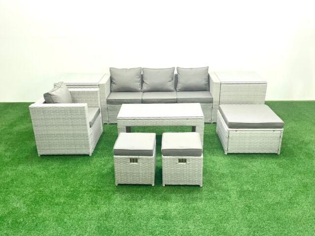 Fimous Rattan Garden Furniture Set Outdoor Lounger Sofa with Coffee Table 3 Footstools 2 Side Tables Light Grey Mixed 7 Seater