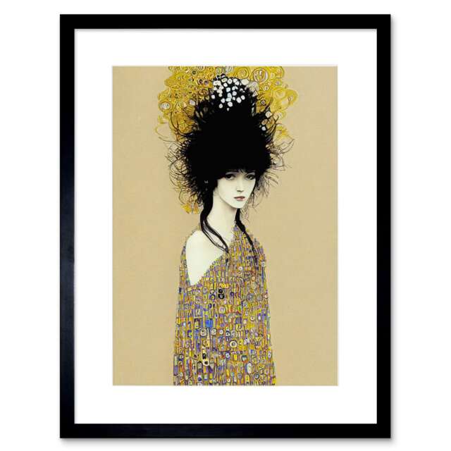 "Woman Klimt Style Dress Gold Black Painting 9x7"" Black Framed Wall Art Print"