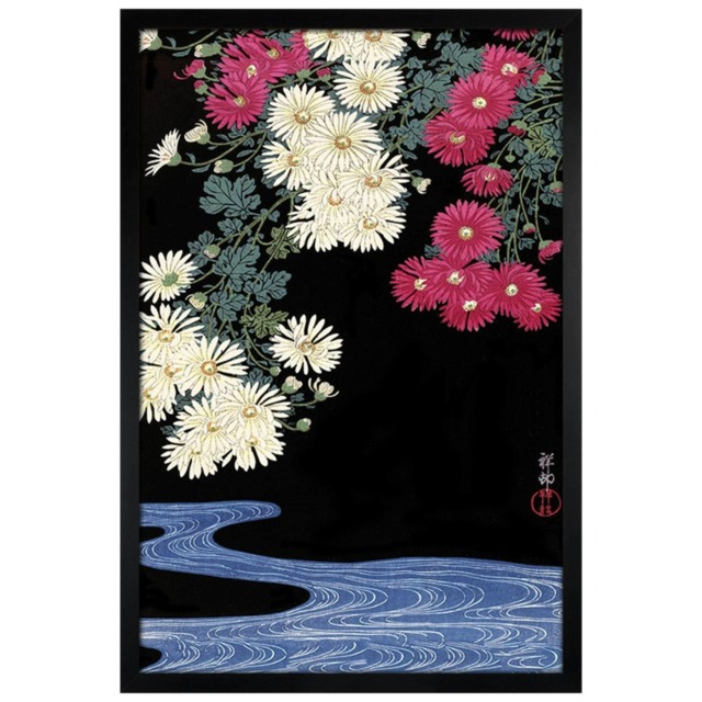 Black Wooden Framed Ohara Koson Chrysanthemum and Running Water Maxi Poster Multi