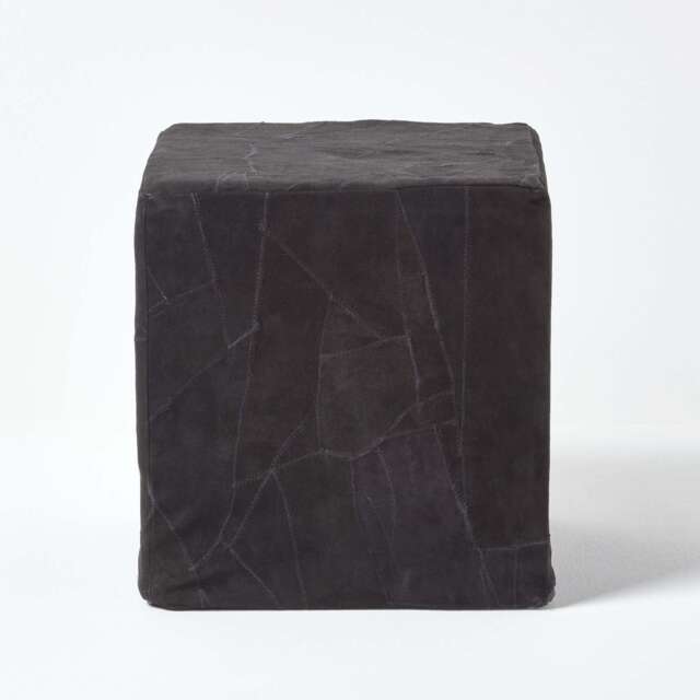 Homescapes Black Leather and Suede Patchwork Cube Pouffe - 36 x 36 x 38 cm