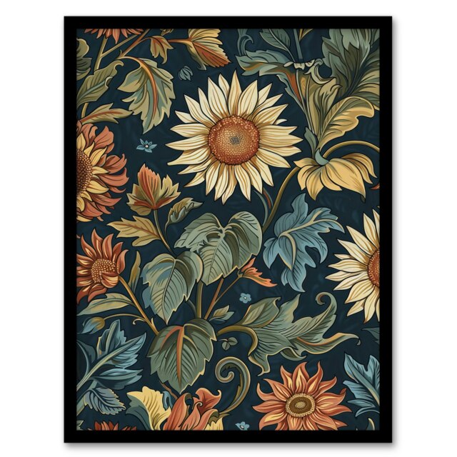 Sunflowers Leaves Classic Vintage Living Room Black Framed Wall Art Print A4