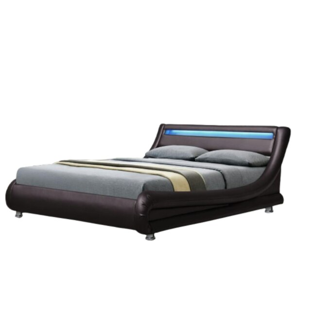 4ft6 Double Italian Designer Faux Leather Bed with LED In Brown