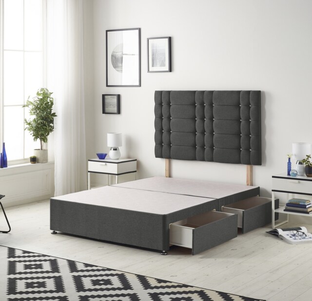 Astoria Divan Bed Base with 2 Bottom Base Drawers & 30 Inch Diamante Headboard in Tweed Fabric Grey Charcoal Super King