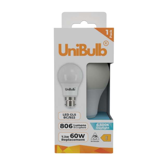 UniBulb LED GLS B22 Bayonet Cap (BC) 806lm 7.3W (Replaces 60W) 6500K (Daylight) Light Bulb - Pack of 1