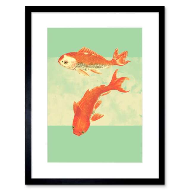 "Vintage Coy Koi Carp Fish Watercolour 9x7"" Black Framed Wall Art Print"