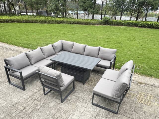 Fimous 9 Pieces Aluminium Garden Furniture Set with Cushions, Patio Furniture Set with Adjustable Rising Lifting Dining Table Dark Grey