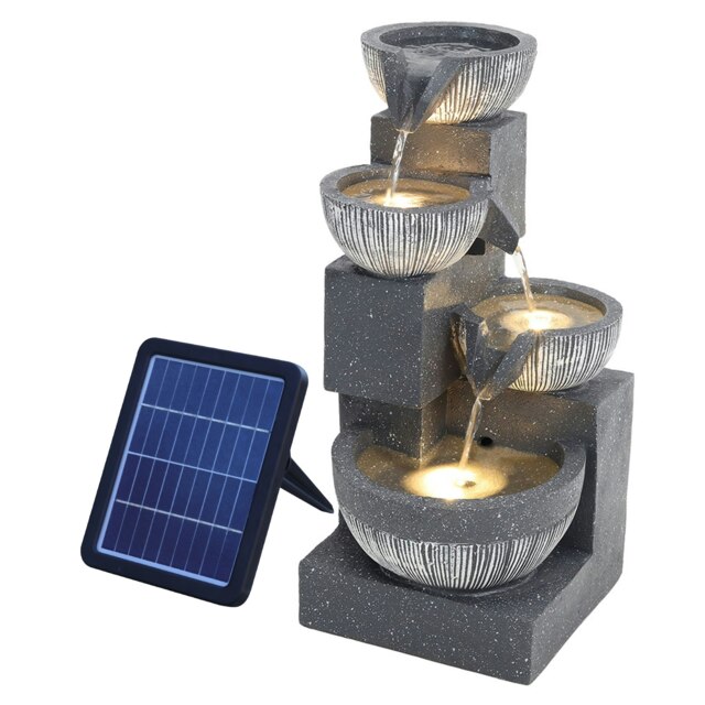 Living and Home Solar Water Fountain Rockery 4-Tier Bowls with LED Light Grey