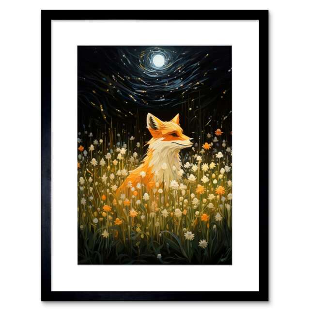 "Watching Fireflies Dance Happy Fox Wildflower 9x7"" Black Framed Wall Art Print"
