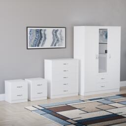Vida Designs Riano 4 Piece Bedroom Set (2 Drawer Bedside Chest, 5 Drawer Chest, 3 Door 2 Drawer Mirrored Wardrobe), White
