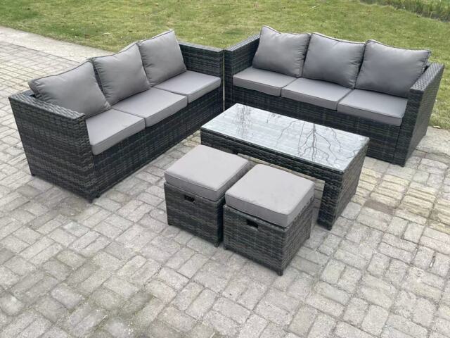 Fimous Outdoor Rattan Garden Furniture Lounge Sofa Set With Oblong Rectagular Coffee Table 2 Stools
