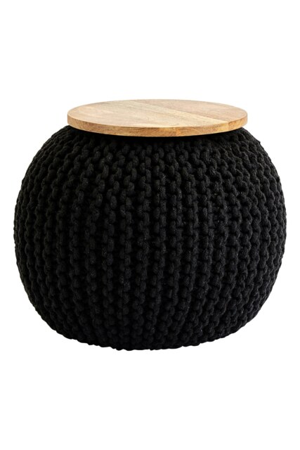 Comfortable Black Woven Pouffe, Plump Round Body Pouffe For Bedroom, Chunky Pattern Pouffe For Livingroom Black