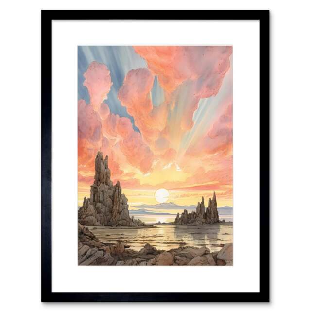 "Mono Lake Atmospheric Clouds at Dawn Modern Watercolour 9x7"" Black Framed Wall Art Print"