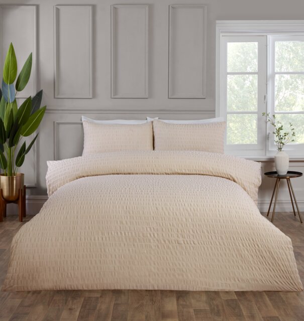 Seersucker Polycotton Luxury Duvet Cover Set with Pillowcase Cream King 1