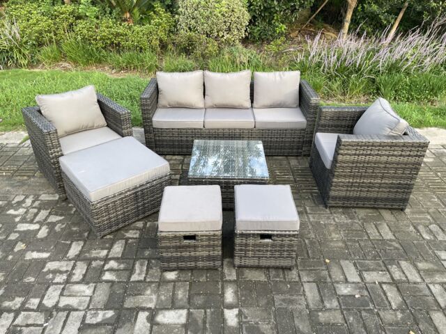 Fimous Wicker Rattan Garden Furniture Sofa Set with Armchair Square Coffee Table 3 Footstools Dark Grey Mixed