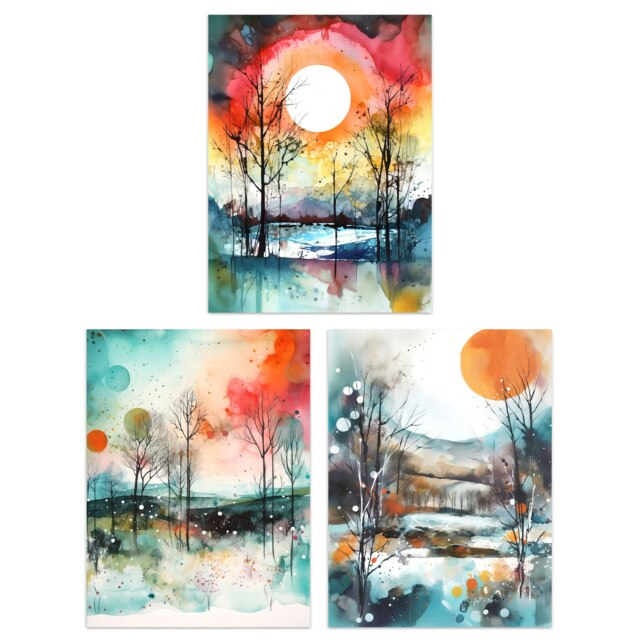 Set of 3 Winter Snow Sunset Countryside Watercolour Landscape Wall Art Prints 12x16 Inch