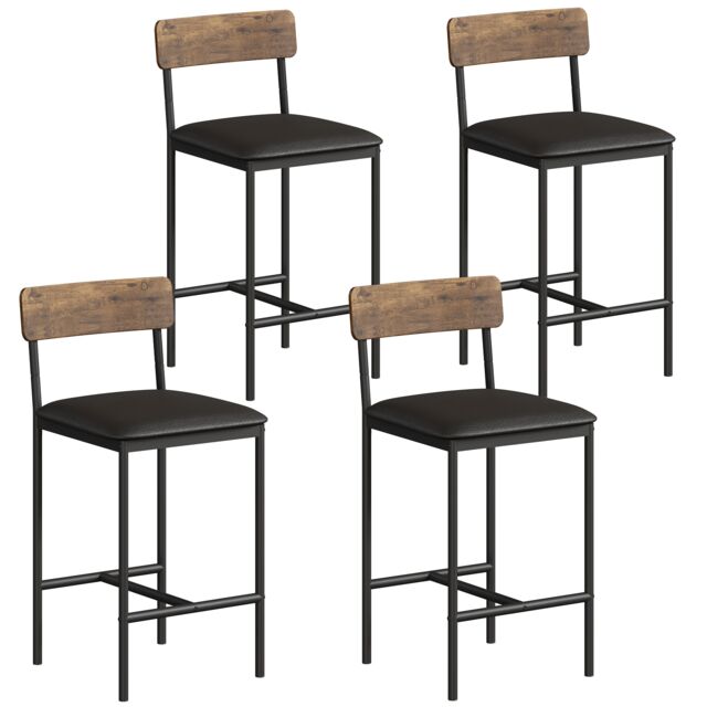London Boutique Set of 4 Upholstered Bar Stools with Backrest & Footrest - Black/Brown