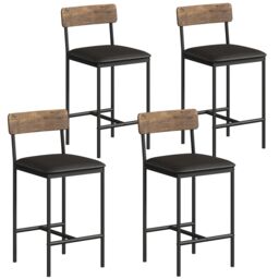 London Boutique Set of 4 Upholstered Bar Stools with Backrest & Footrest - Black/Brown