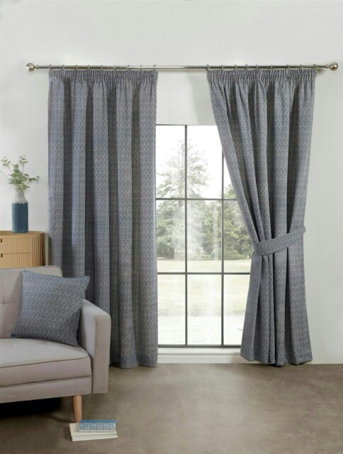 Aztec Pencil Pleat Curtain Pair - Blue - 168cm x 137cm