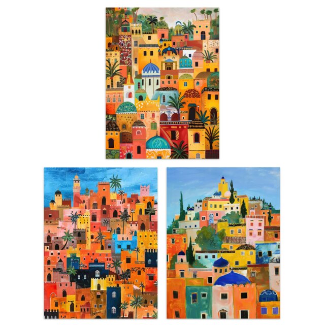 Set of 3 Colourful Moroccan Cityscape Paintings Living Room A4 Size Wall Art Prints Pack