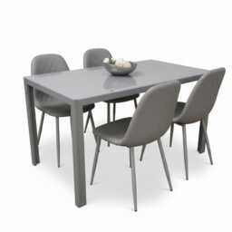 Wooden Dining Table with 4 Grey Gem Patterned Chairs White Table with Grey Chairs