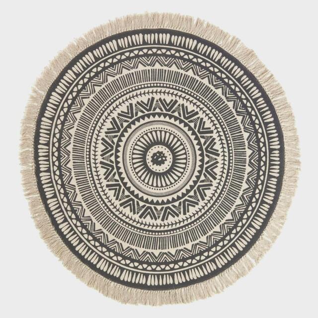 Homescapes Black and White Cotton Mandala Printed Round Rug Black Black and Off-White