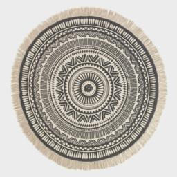 Homescapes Black and White Cotton Mandala Printed Round Rug Black Black and Off-White