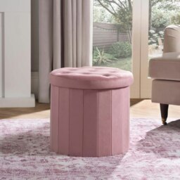 OHS Matte Velvet Soft Round Foldable Footstool Seat Storage Organiser Ottoman Pink Blush Pink