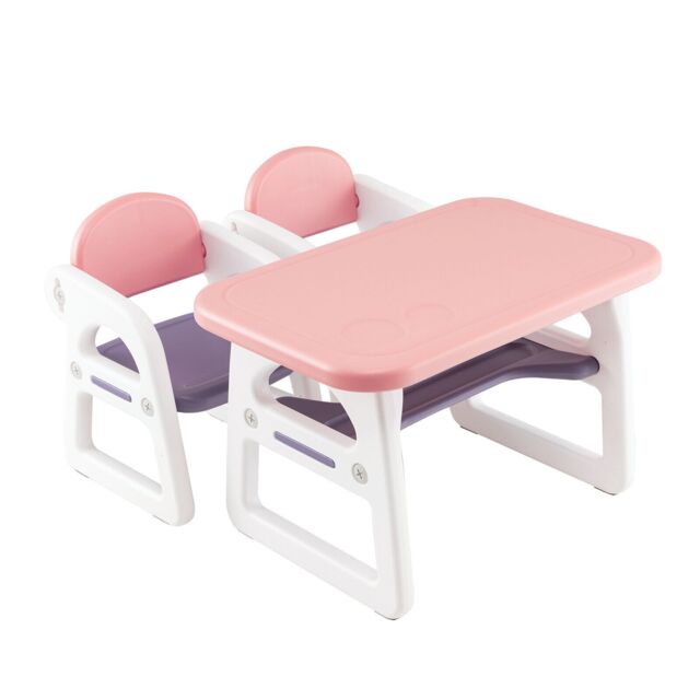 COSTWAY 3-Piece Kids Table and Chairs Set with Rack Pink