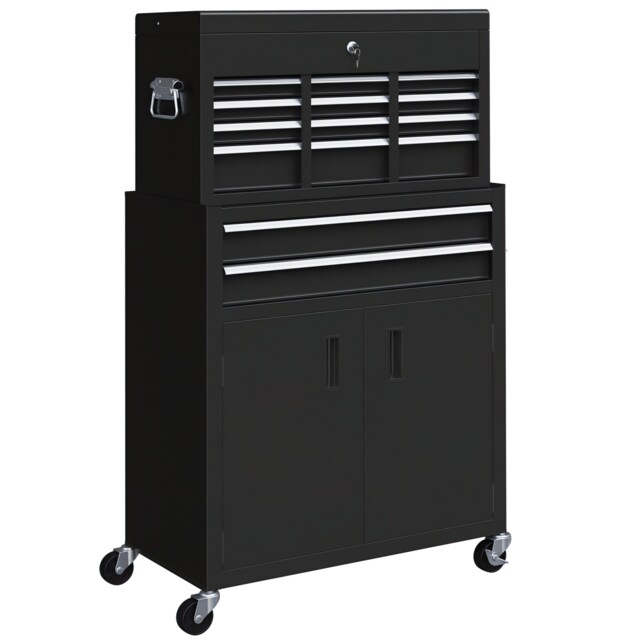 HOMCOM Top Chest and Roller Cabinet Combo Metal Tool Cabinet on Wheels Black Black
