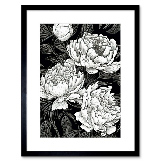 "Black White Peony Spring Flower Blooms 9x7"" Black Framed Wall Art Print"