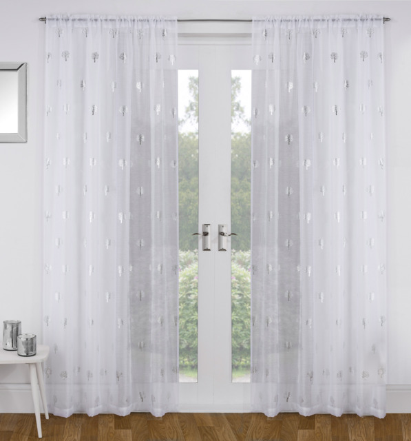 "Birch White Metallic Tree Print Linen-Look Voile Panel - Pair 140 x 137cm (55x54"")"