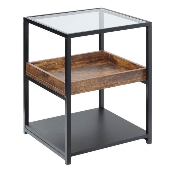 HOMCOM Industrial Side Table, 3-Tier End Table with Glass Top, Storage Shelves, Nightstand with Steel Frame for Bedroom, Living Room, Rustic Brown Brown