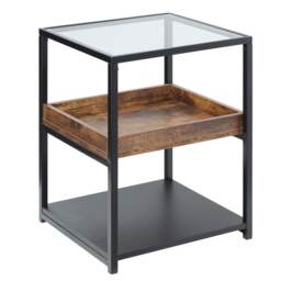 HOMCOM Industrial Side Table, 3-Tier End Table with Glass Top, Storage Shelves, Nightstand with Steel Frame for Bedroom, Living Room, Rustic Brown Brown
