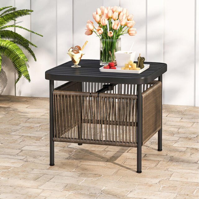 COSTWAY Outdoor PE Rattan Side Table Patio End Table w/5CM Umbrella Hole-Black