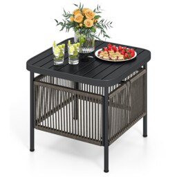 COSTWAY Outdoor PE Rattan Side Table Patio End Table w/5CM Umbrella Hole-Black