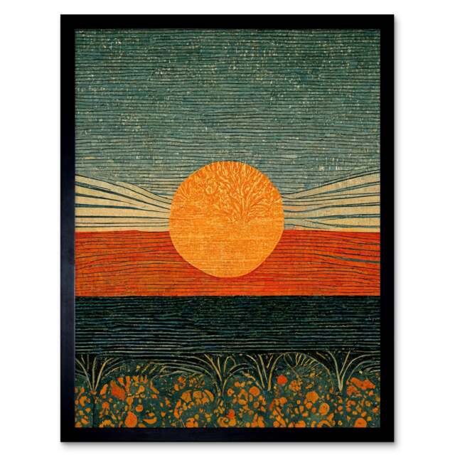 "William Morris Style Sunrise Over Sea Abstract 12x16"" Framed Wall Art Print"