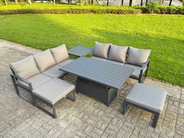 Fimous 6 Pieces Garden Furniture Set Aluminium Adjustable Rising Lifting Dining Table and Sofa Set with Side Table 2 Small Footstools Dark Grey
