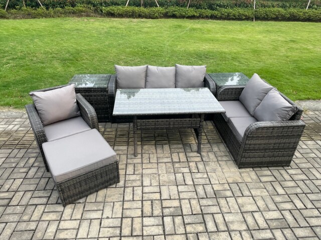 Fimous 7 Piece Rattan Garden Furniture Set with Patio Sofa Rectangular Dining Table 2 Side Table Big Footstool Indoor Conservatory Patio Set
