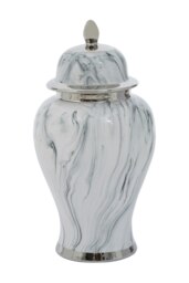 Orsina Large Marble Effect Ceramic Jar, Urn Shaped Decorative Jar With Lid And Silver Trim, White Marble Vase