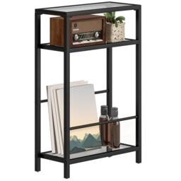 HOMCOM Slim Side Table, End Table with Tempered Glass Tabletop, Black Black Black 40W x 18D x 62H cm