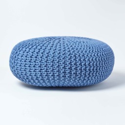 Homescapes Blue Large Round Cotton Knitted Pouffe Footstool