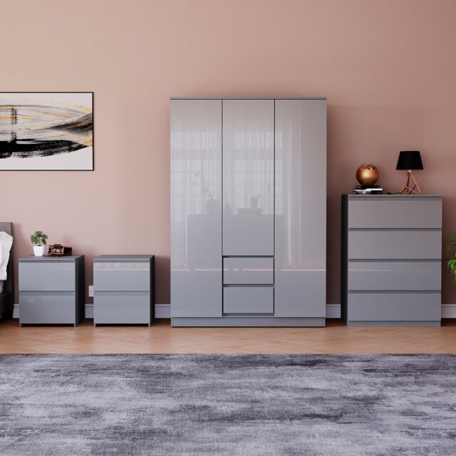 Vida Designs Glinton 4 Piece FSC Certified Bedroom Set (2 Drawer Bedside Chest x2, 4 Drawer Chest, 3 Door 2 Drawer Wardrobe), Grey Grey Grey