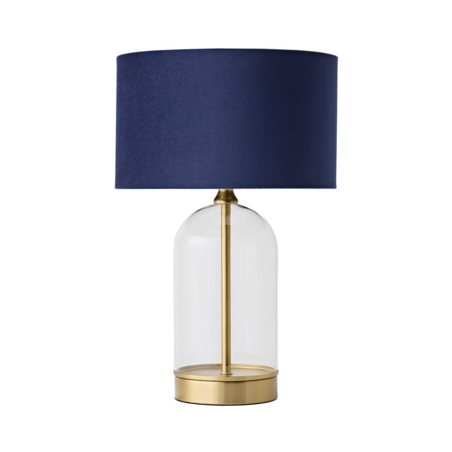 ValueLights Maja Glass and Gold Metal Bedside Table Lamp Navy Blue Velvet Shade