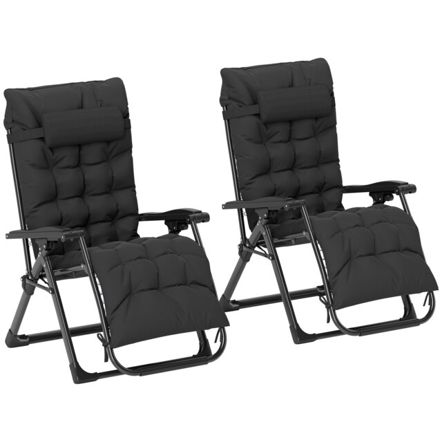Outsunny 2 PCS Reclining Zero Gravity Chair Folding Lounger Cushion Black Black