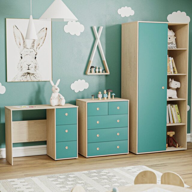Junior Vida Neptune 3 Piece Bedroom Set, Blue & Oak (Desk, Drawer Chest, Wardrobe) Blue Blue & Oak 3